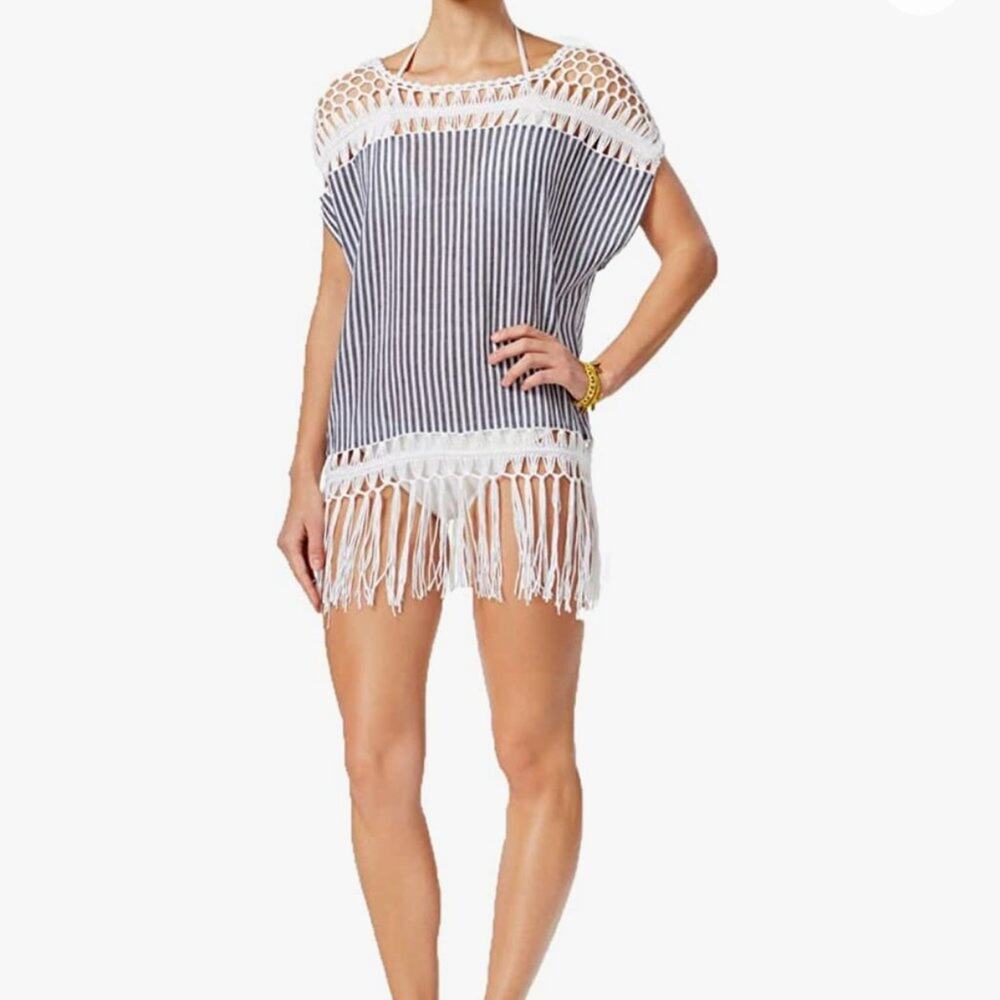 Steve Madden Boho Crochet Swim Coverup Stripes Poncho Boxy‎ Beach Summer